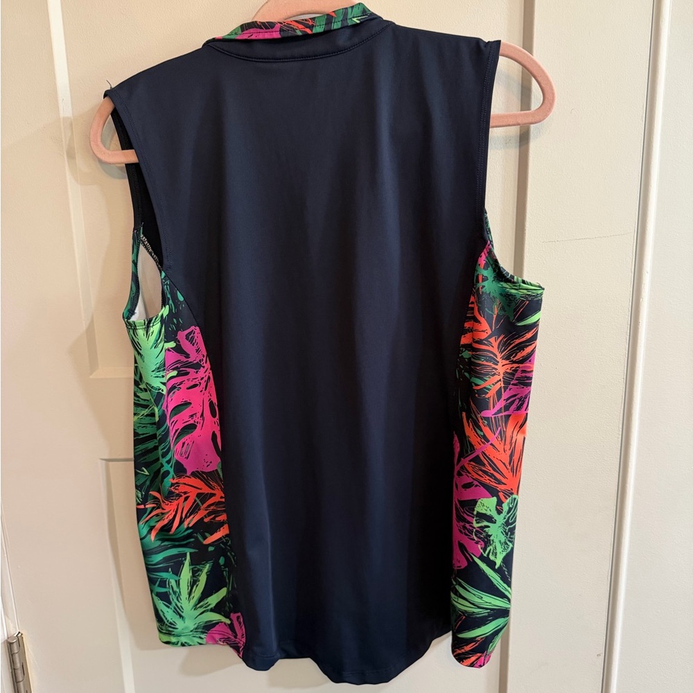 Lady Hagen Navy Tank Top with Green and Pink Tropical Accents - Picture 2 of 5